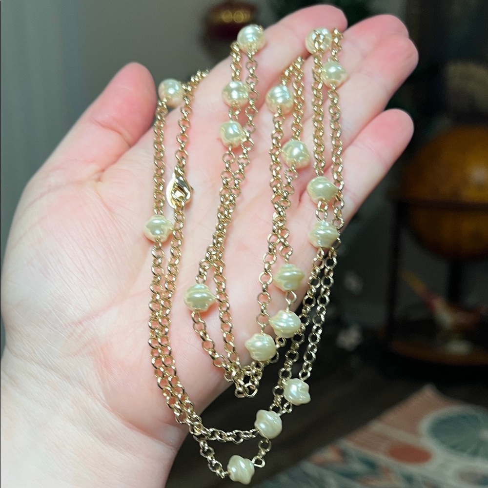 Classic Vintage Gold Faux Pearl Long Layering Necklace